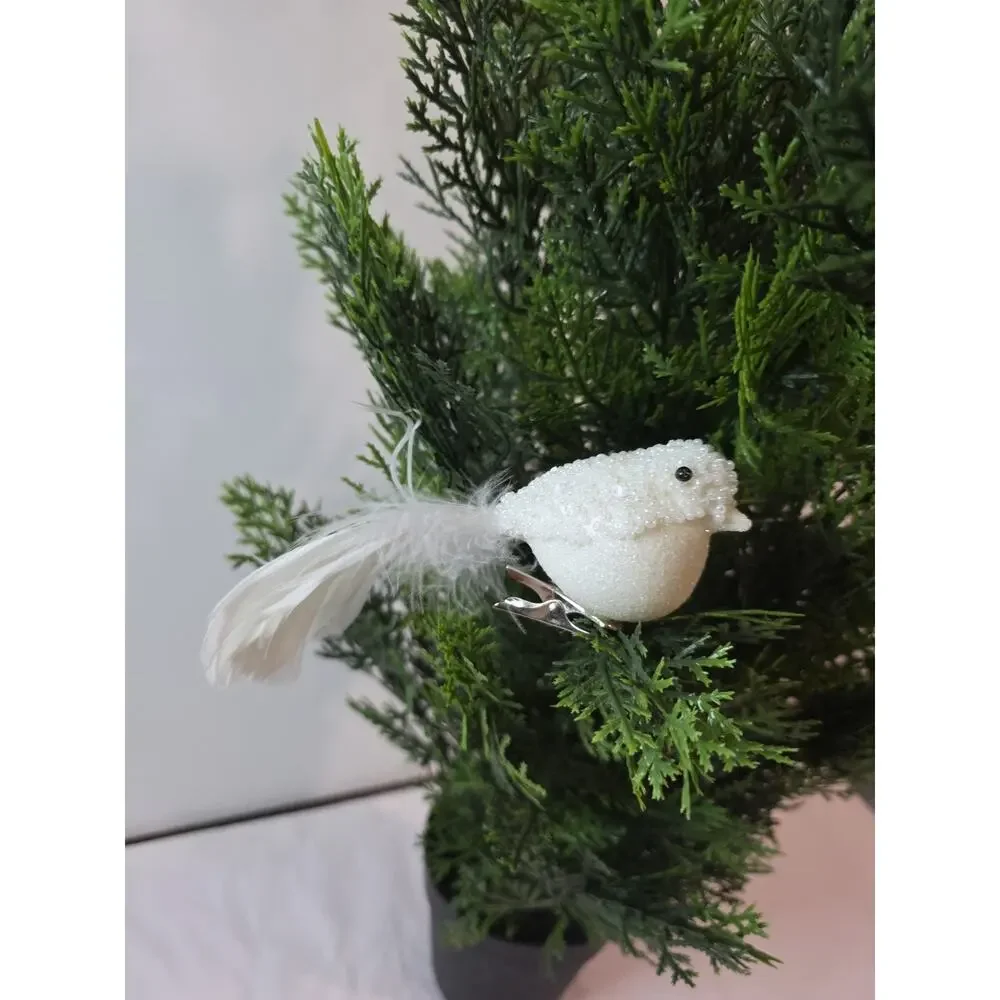 4 Vintage White Clip On Birds Christmas Ornament